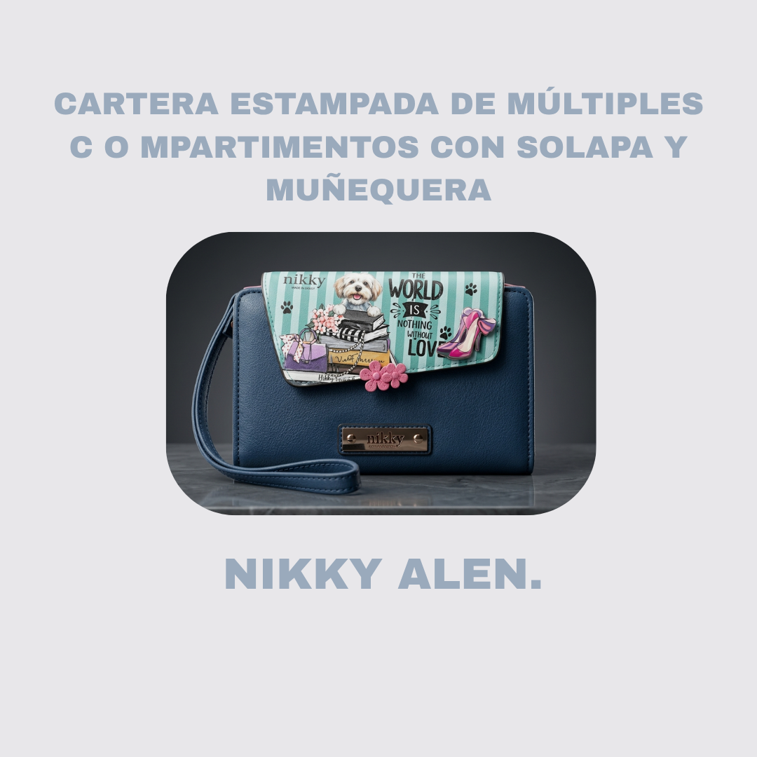CARTERA ESTAMPADA DE MÚLTIPLES COMPARTIMENTOS CON SOLAPA Y MUÑEQUERA (BLUE))